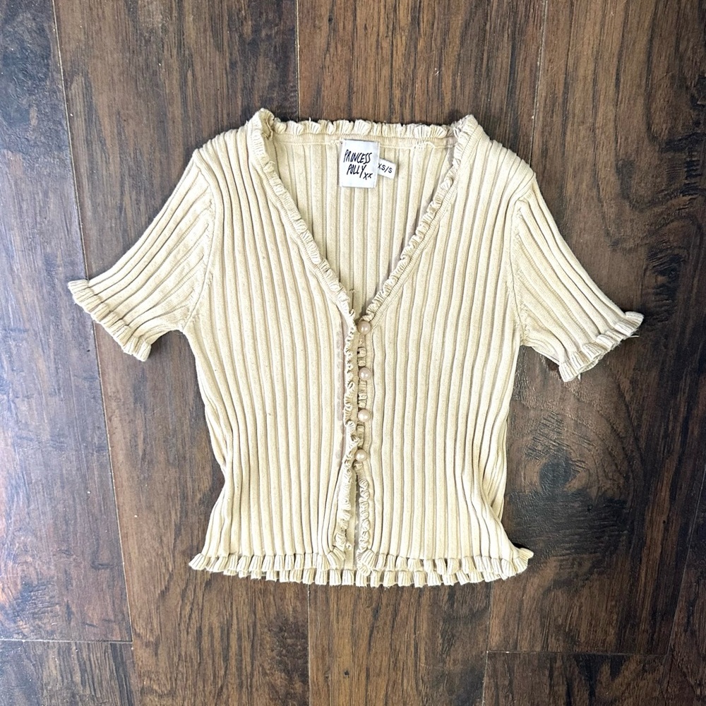 Princess Polly Cream Ribbed Button Down Shirt